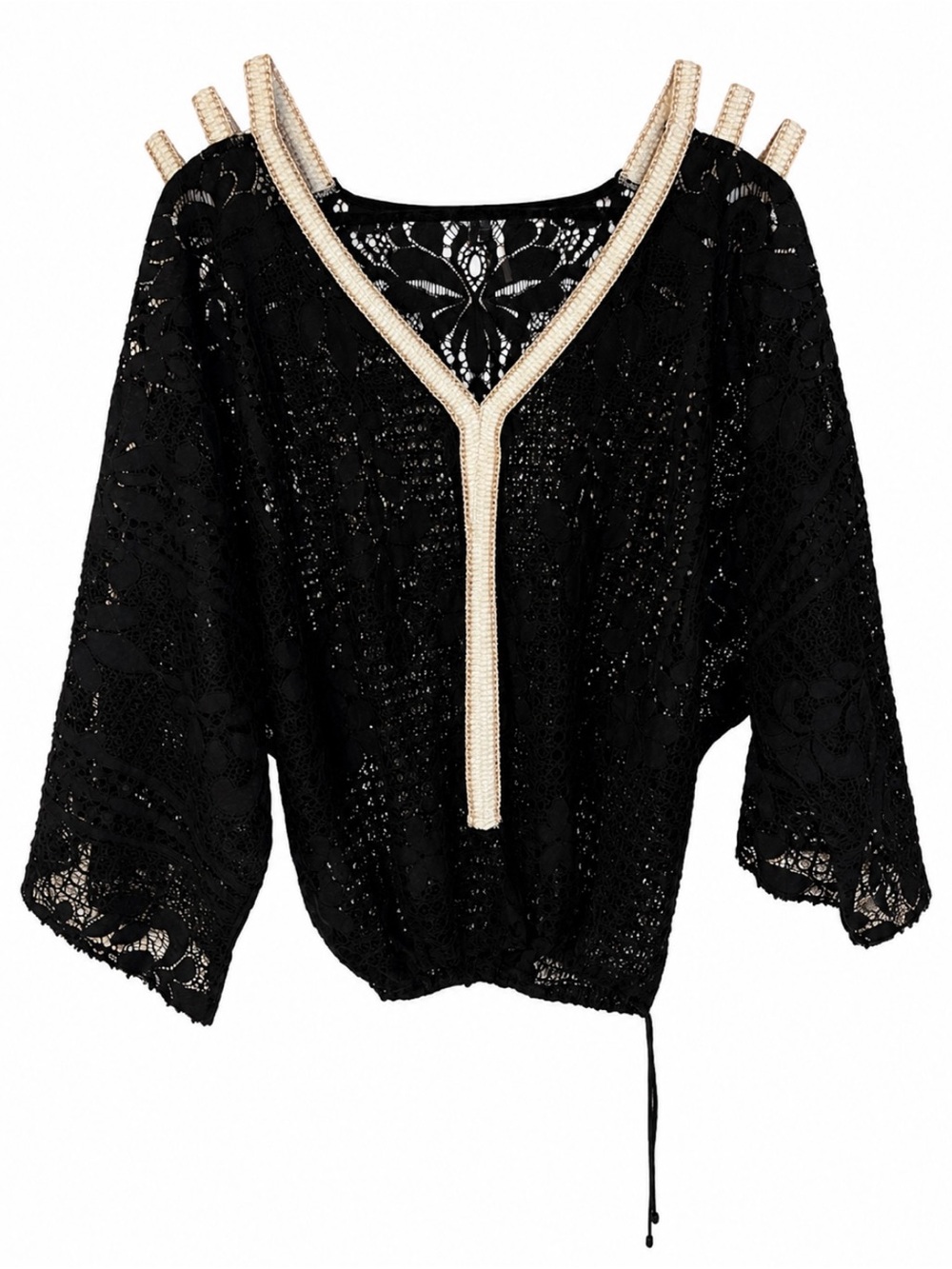 Alberto Makali Black Lace Top with Gold Accent Beads